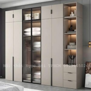 Tủ Quần Áo Cánh Kính Sọc Hiện Đại – Kết Hợp Kệ Trang Trí Sang Trọng