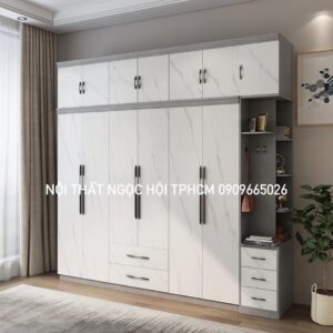 Tủ Quần Áo Vân Đá Trắng Kết Hợp Kệ Trang Trí – Thiết Kế Đẹp Hiện Đại