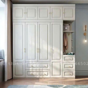 Tủ Quần Áo Tân Cổ Điển Màu Trắng Kết Hợp Kệ Trang Trí – Tối Ưu Không Gian Sang Trọng