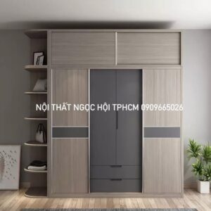 Tủ Quần Áo Cửa Lùa Màu Gỗ Sáng Kết Hợp Xám Hiện Đại – Gỗ MDF Chất Lượng