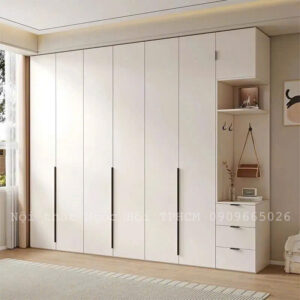 Tủ Quần Áo Gỗ MDF Hiện Đại Màu Trắng Kèm Ngăn Trang Trí – Phù Hợp Chung Cư