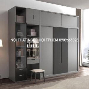 Tủ Quần Áo Gỗ MDF Màu Ghi Xám Kết Hợp Bàn Trang Điểm – Thiết Kế Tiện Ích Đa Năng