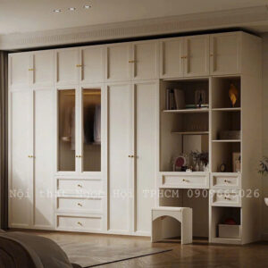 Tủ Quần Áo Gỗ MDF Kèm Bàn Trang Điểm – Thiết Kế Tân Cổ Điển Thanh Lịch