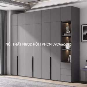 Tủ Quần Áo Gỗ MDF Màu Xám Hiện Đại – Thiết Kế Kèm Kệ Trang Trí Sang Trọng