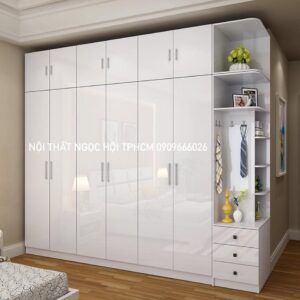 Tủ Quần Áo Gỗ MDF Trắng Bóng – Kết Hợp Kệ Trang Trí & Móc Treo Tiện Lợi