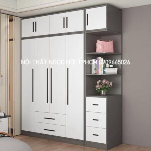 Tủ Quần Áo Gỗ Công Nghiệp Hiện Đại 4 Cánh Kèm Kệ Trang Trí Và Ngăn Kéo Tiện Lợi