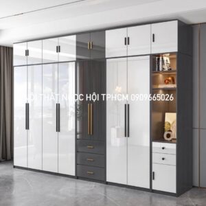 Tủ Quần Áo Gỗ Công Nghiệp Cánh Bóng Gương Kết Hợp Kệ Trang Trí & Ngăn Kéo Hiện Đại