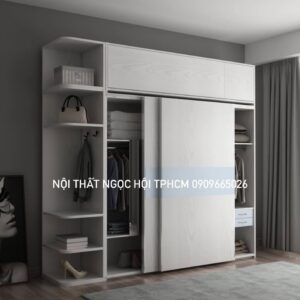 Tủ Quần Áo Cửa Lùa Màu Trắng Hiện Đại Kèm Kệ Trang Trí Đa Năng Tiết Kiệm Diện Tích
