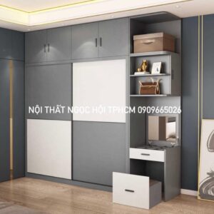 Tủ Quần Áo Cửa Lùa Màu Xám Trắng Kết Hợp Bàn Trang Điểm Âm Tường Tiện Lợi Cho Phòng Ngủ Nhỏ