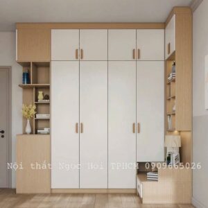 Tủ Quần Áo Gỗ Công Nghiệp Đa Năng Kết Hợp Bàn Làm Việc & Kệ Trang Trí Cho Phòng Ngủ