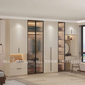 Tủ Quần Áo Cửa Kính Sọc Cao Cấp Kết Hợp Bàn Trang Điểm & Đèn Âm Trang Trí Sang Trọng