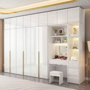Tủ Quần Áo Màu Trắng Bóng Kết Hợp Bàn Trang Điểm & Kệ LED Cao Cấp Hiện Đại