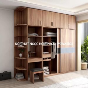 Tủ Quần Áo Cửa Lùa Kết Hợp Bàn Trang Điểm Và Kệ Góc Trang Trí Gỗ Công Nghiệp Hiện Đại