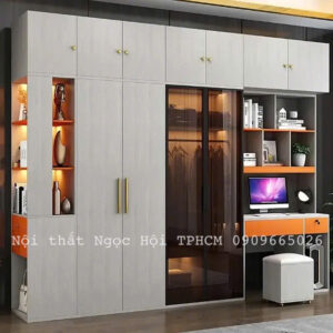Tủ Quần Áo Gỗ Công Nghiệp Kết Hợp Bàn Làm Việc Và Kệ Trang Trí Hiện Đại