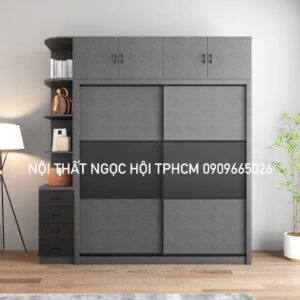 Tủ Quần Áo Cửa Lùa Màu Xám Đậm Kèm Kệ Trang Trí Hiện Đại