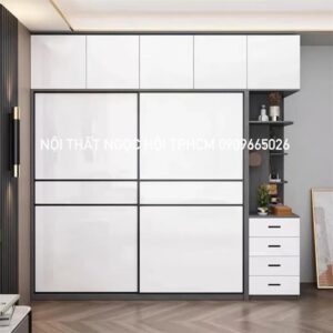 Tủ Quần Áo Cửa Lùa Màu Trắng Kèm Kệ Trang Trí Hiện Đại Tối Giản