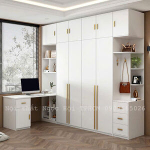 Tủ Quần Áo Kết Hợp Bàn Làm Việc Màu Trắng Hiện Đại, Thiết Kế Kịch Trần Tiện Lợi