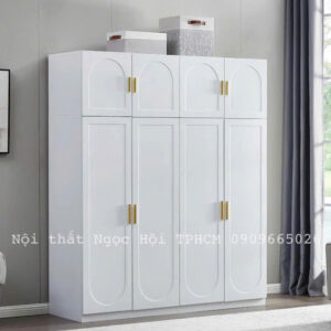 Tủ Quần Áo 4 Cánh Màu Trắng Tân Cổ Điển Tay Nắm Vàng Sang Trọng