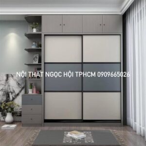 Tủ Quần Áo Cửa Lùa Màu Trung Tính Hiện Đại Kèm Kệ Trang Trí Đa Năng