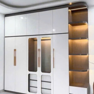 Tủ Quần Áo Kịch Trần Cánh Mở Màu Trắng Kết Hợp Kệ Trang Trí Uốn Cong Hiện Đại