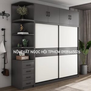 Tủ Quần Áo Cửa Lùa Kịch Trần Màu Ghi Trắng Kết Hợp Kệ Góc Trang Trí Tiện Lợi