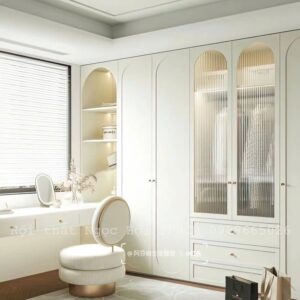 Tủ Quần Áo Tân Cổ Điển Cửa Kính Vòm Sang Trọng Kèm Bàn Trang Điểm Âm Tường