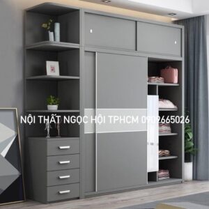 Tủ Quần Áo Cửa Lùa Màu Ghi Xám Hiện Đại Tích Hợp Ngăn Kệ Trang Trí Tiện Lợi