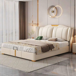Giường ngủ bọc da cao cấp – đầu giường cánh quạt sang trọng, đệm dày êm ái
