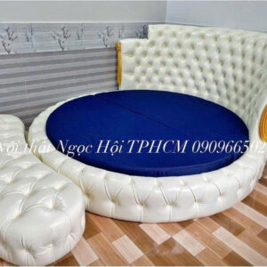 Giường ngủ tròn bọc da tân cổ điển – thiết kế hoàng gia độc đáo, màu kem sang trọng