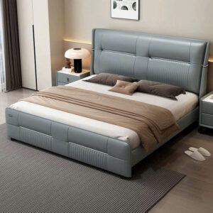 Giường Ngủ Bọc Da PU Màu Xanh Xám Cao Cấp – Thiết Kế Tối Giản Hiện Đại, Đầu Giường Dạng Gối Tựa Sang Trọng