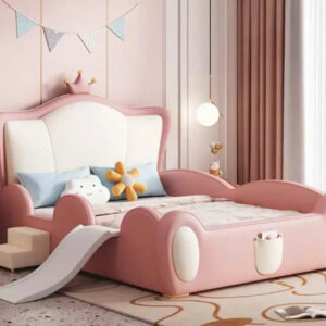 Giường Ngủ Công Chúa Bé Gái Màu Hồng Có Cầu Trượt – Thiết Kế Vương Miện Dễ Thương