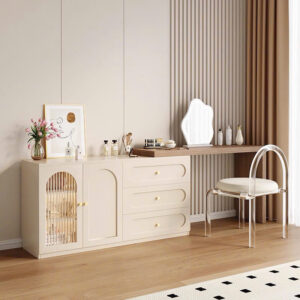 Bàn Trang Điểm Hiện Đại Tông Kem Gương Uốn Lượn Kèm Tủ Gỗ Cửa Kính Đẹp Nhẹ Nhàng