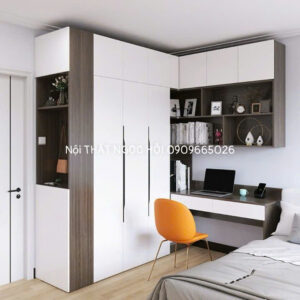 Tủ quần áo kết hợp bàn học góc L hiện đại – Giải pháp lưu trữ thông minh cho không gian nhỏ