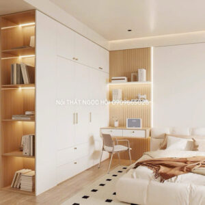 Tủ quần áo liền bàn học và kệ trang trí hiện đại – Nội thất thông minh cho phòng ngủ nhỏ
