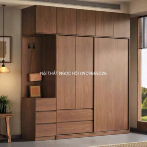Tủ quần áo gỗ hiện đại màu nâu tự nhiên – Sang trọng và tiện nghi cho phòng ngủ ấm cúng