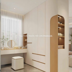 Tủ quần áo kịch trần màu kem viền gỗ phối bàn trang điểm sang trọng