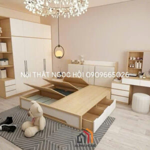 Phòng ngủ gỗ công nghiệp hiện đại tích hợp giường hộp thông minh, tủ quần áo và bàn trang điểm tiện nghi