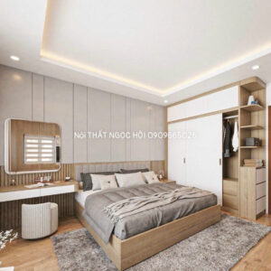 Phòng ngủ hiện đại gỗ công nghiệp màu sồi kết hợp trắng tinh tế