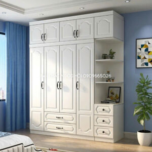 Tủ quần áo tân cổ điển trắng tinh tế kết hợp kệ trang trí tiện dụng