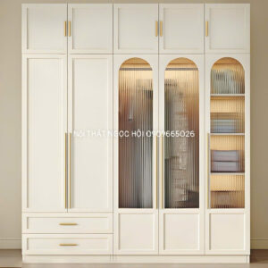Tủ quần áo cao cấp cánh kính bo cong kết hợp gỗ MDF sơn 2K trắng kem sang trọng
