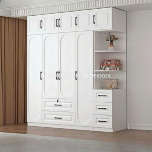 Tủ quần áo tân cổ điển trắng bo cong mềm mại, tích hợp kệ trang trí tiện ích