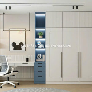 Tủ quần áo hiện đại kết hợp bàn học và kệ trang trí cho phòng ngủ bé trai