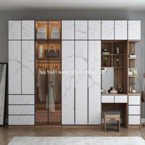 Tủ quần áo hiện đại vân đá kết hợp bàn trang điểm và tủ trưng bày sang trọng