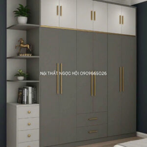 Tủ quần áo MDF màu ghi xám kết hợp trắng có kệ trang trí hiện đại