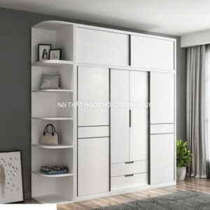 Tủ quần áo MDF trắng vân gỗ có kệ góc trang trí hiện đại
