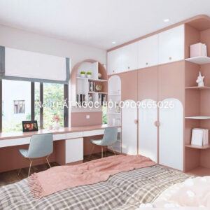 Tủ quần áo kết hợp bàn học tone hồng pastel dễ thương cho bé gái
