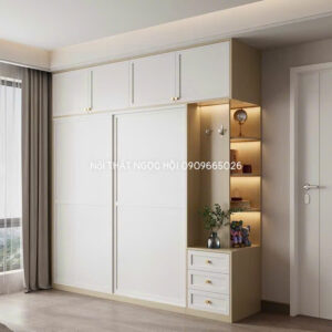 Tủ quần áo kịch trần cửa lùa kết hợp kệ trang trí hiện đại