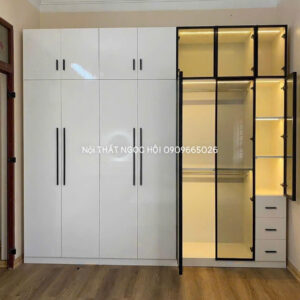 Tủ quần áo cánh kính kết hợp cánh MDF bóng gương hiện đại