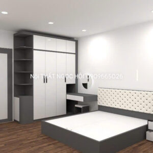 Phòng ngủ hiện đại màu xám trắng tích hợp tủ quần áo, bàn trang điểm và giường ngủ đồng bộ