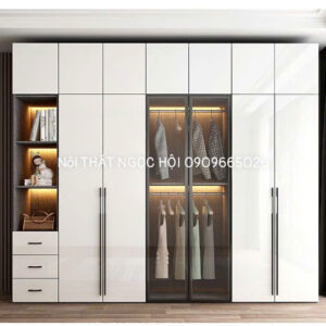 Tủ quần áo kịch trần cánh kính kết hợp cánh MDF trắng bóng